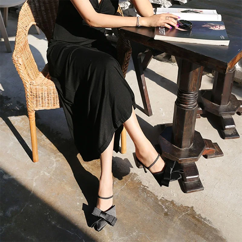 2019 summer new satin large bow pointed high heel female slippers fine-fitting baotou sandals and half slippers women