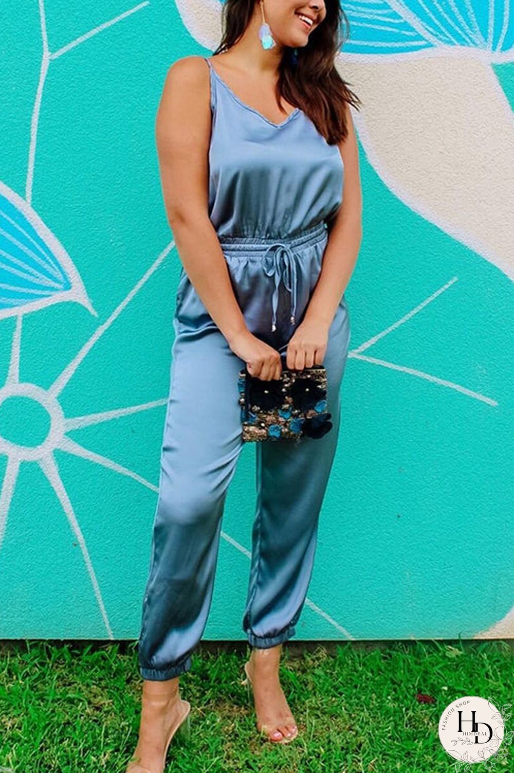 Strappy V Neck Elastic Waist Jumpsuit