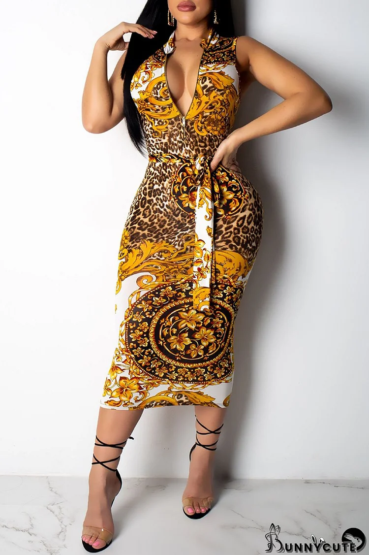 Yellow Fashion Casual Print With Belt Zipper Collar Sleeveless Dress