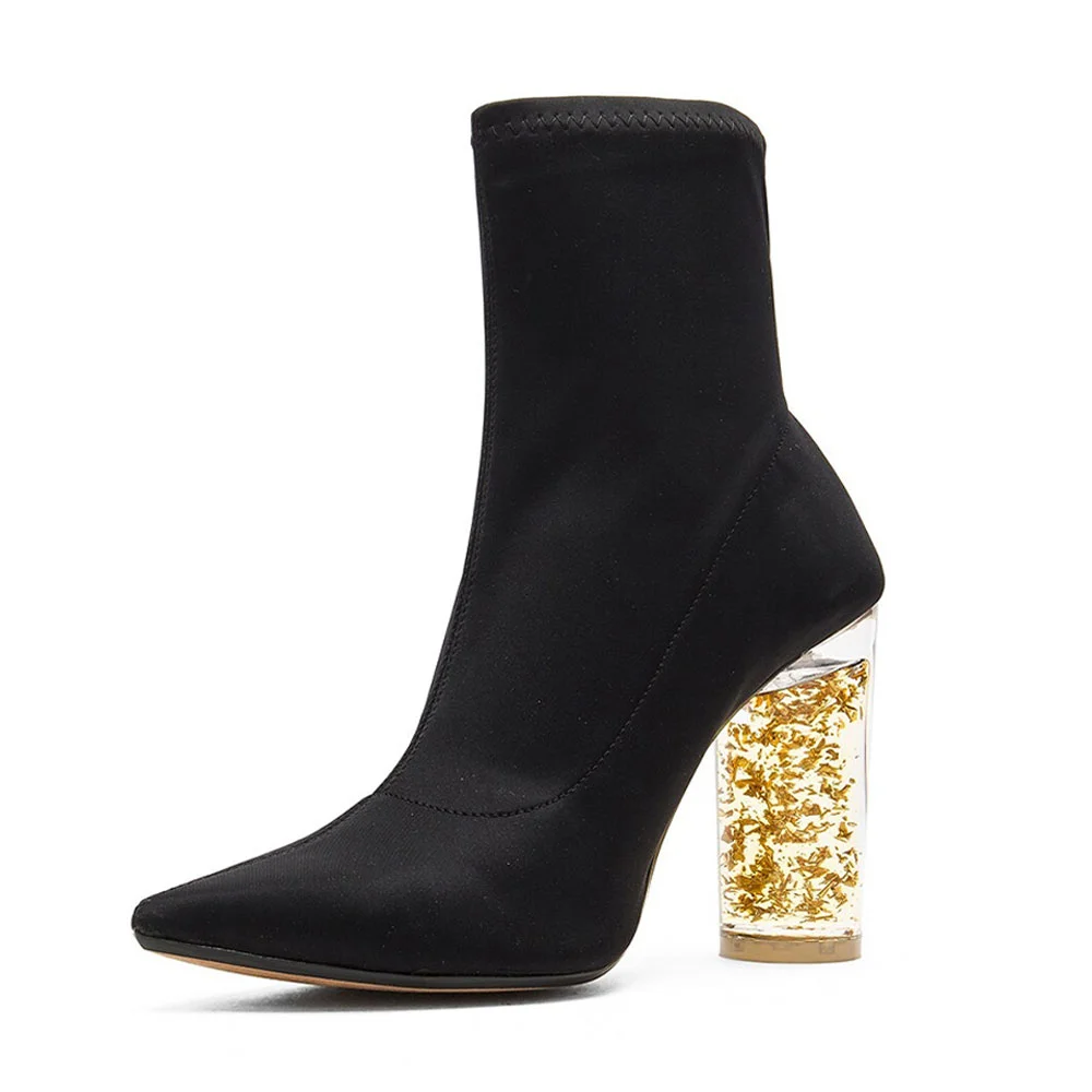 Black Fabric Pointed Toe Chunky Heel Slip On Ankle Boots for Women