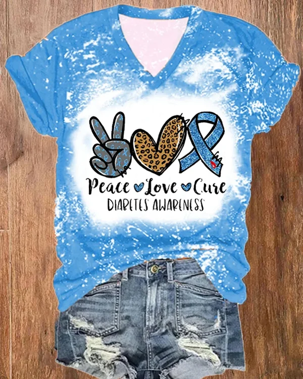 Peace Love Cure Diabetes Awareness Print V-Neck Tee