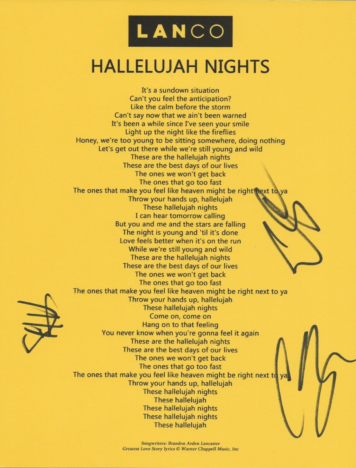 Lanco REAL SIGNED Hallelujah Nights Lyric Sheet #3 COA by Tripp Chandler Eric