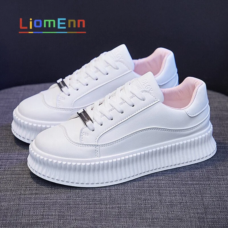 Ladies Platform White Sneakers Women Sports Shoes 2021 New PU Leather Flat Vulcanized Casual Shoes Walking Tennis Female Basket