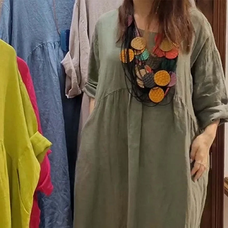 ⏰Last Day Sale 49% Off💃Women's Casual Loose Round Neck Solid Color Dress with 3/4 Sleeves & Pockets