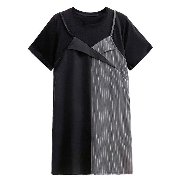 Stylish O-neck Striped Patchwork Pocket Short Sleeve False Two Pieces Dress