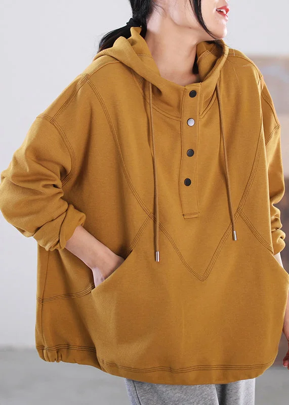 Simple Beige Patchwork Drawstring Button Pockets Hooded Sweatshirts Long Sleeve