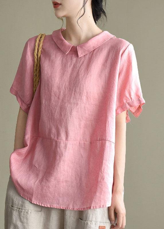 Simple Pink Peter Pan Collar Patchwork Summer Linen Blouses