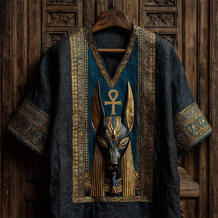 Ankh Ancient Egyptian Anubis Embroidered Contrast Linen Shirt