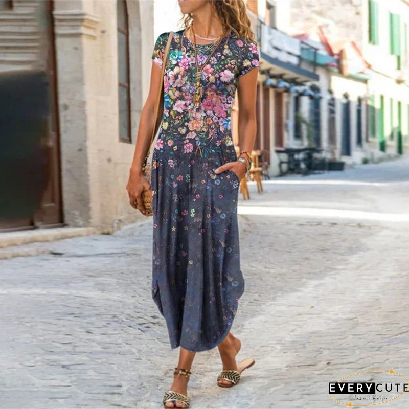 Casual A-Line Short Sleeve Ombre/tie-Dye Knitting Dress