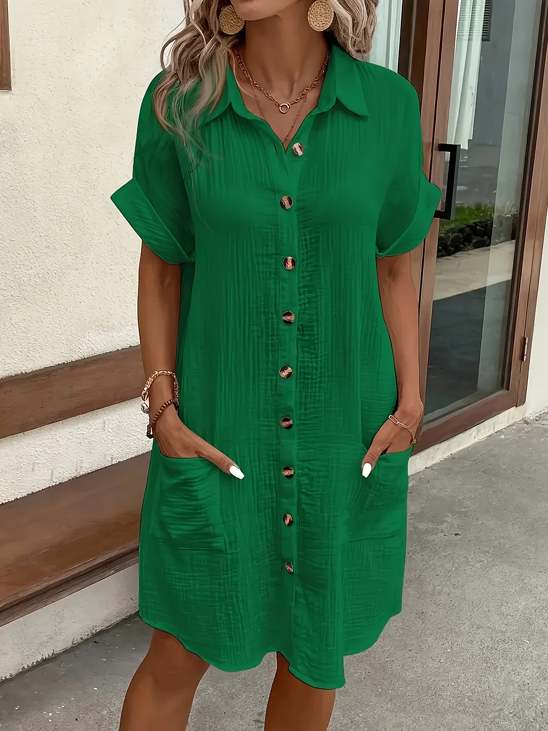 100% V-Neck Blouse Dress For Women | Light Blue | Short Sleeves, Collar, Button Details | Machine Washable | Casual, All-Season Comfort | IFYHOME