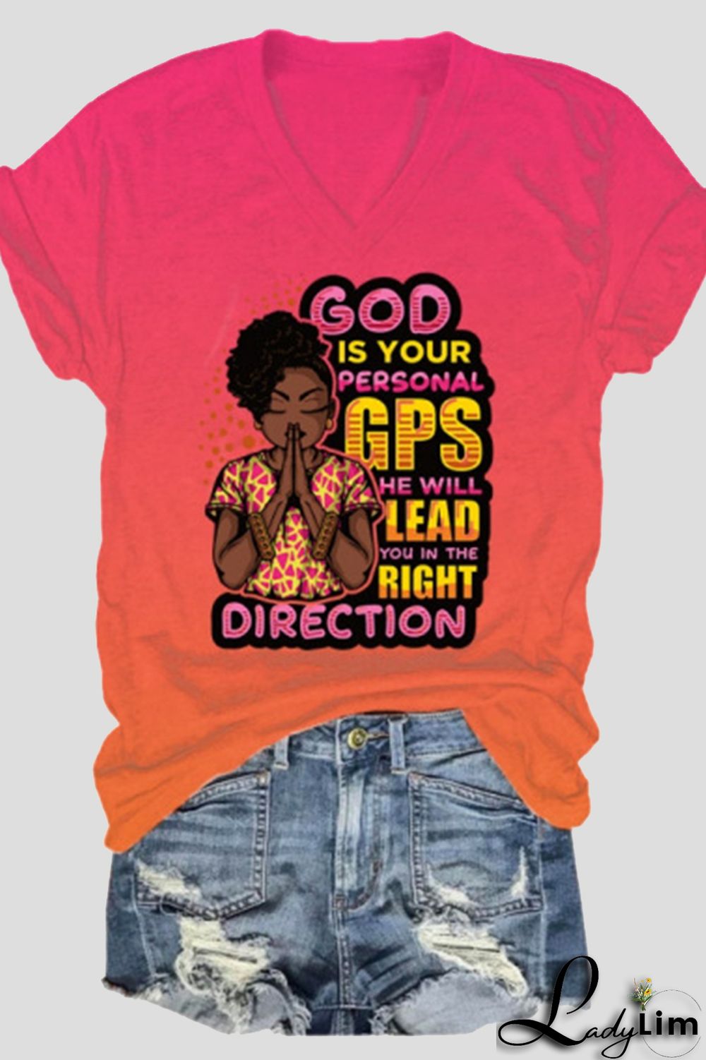 Pink Orange Fashion Casual Gradual Change Print Basic V Neck T-Shirts