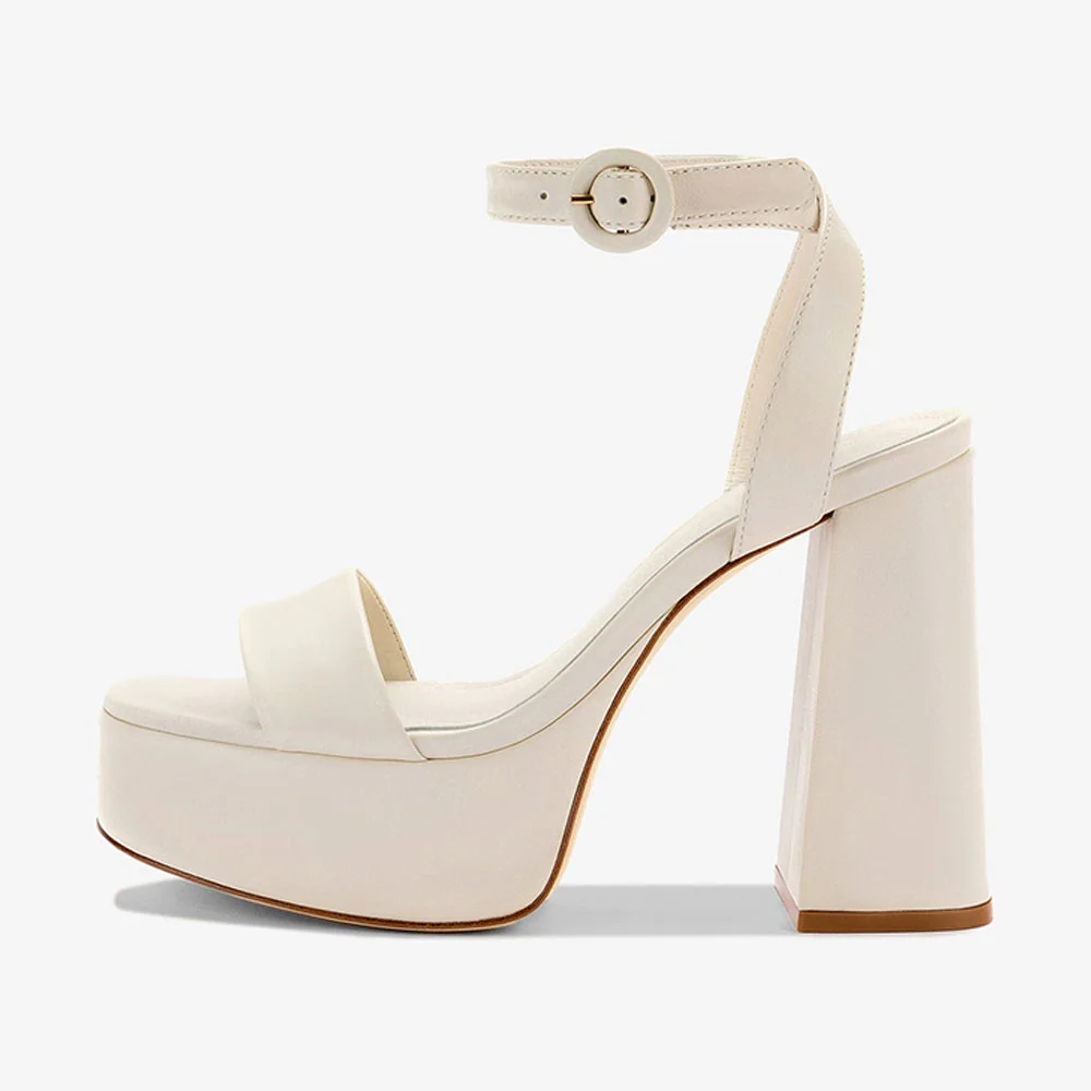 Ivory Vegan Leather Round Toe Ankle Strap Platform Heeled Sandals