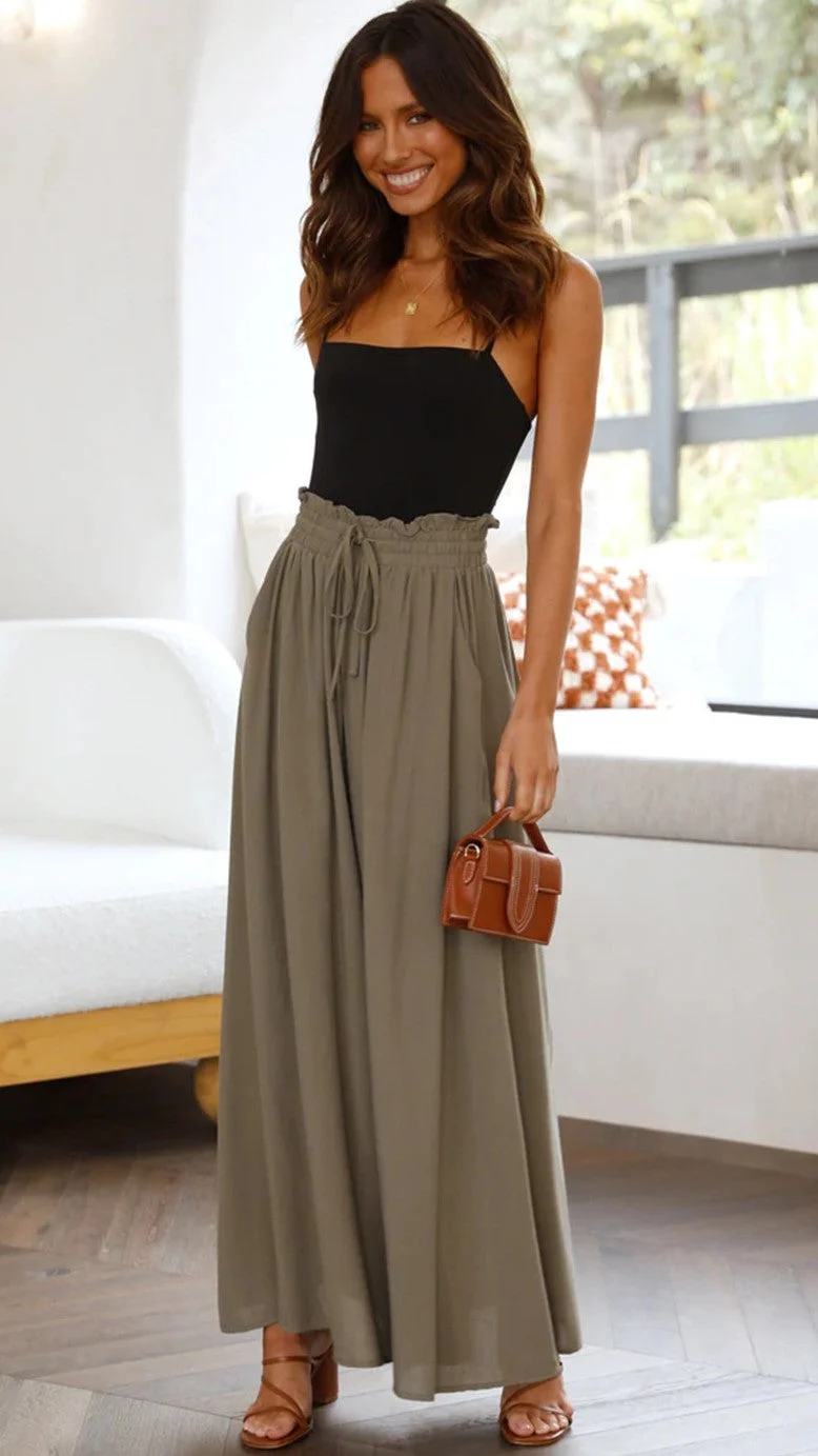 Olive Green Wide-Leg Casual Pants