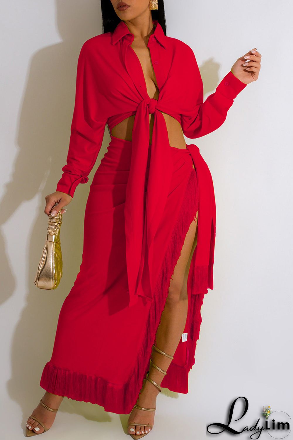 Blue Casual Solid Frenulum Slit Turndown Collar Long Sleeve Two Pieces