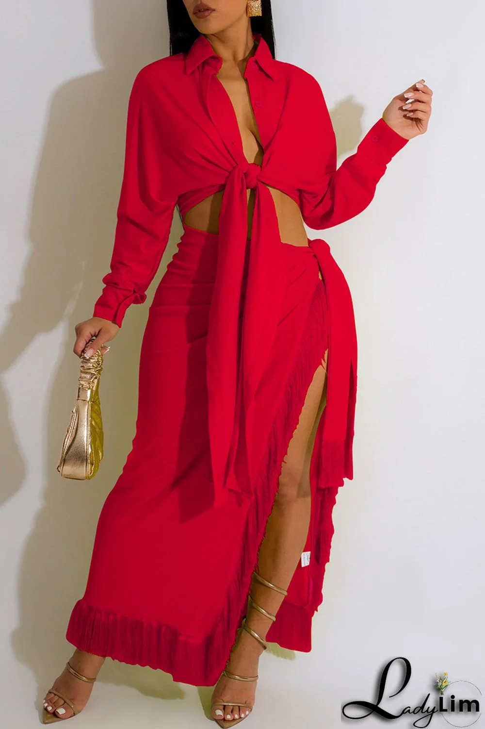 Blue Casual Solid Frenulum Slit Turndown Collar Long Sleeve Two Pieces