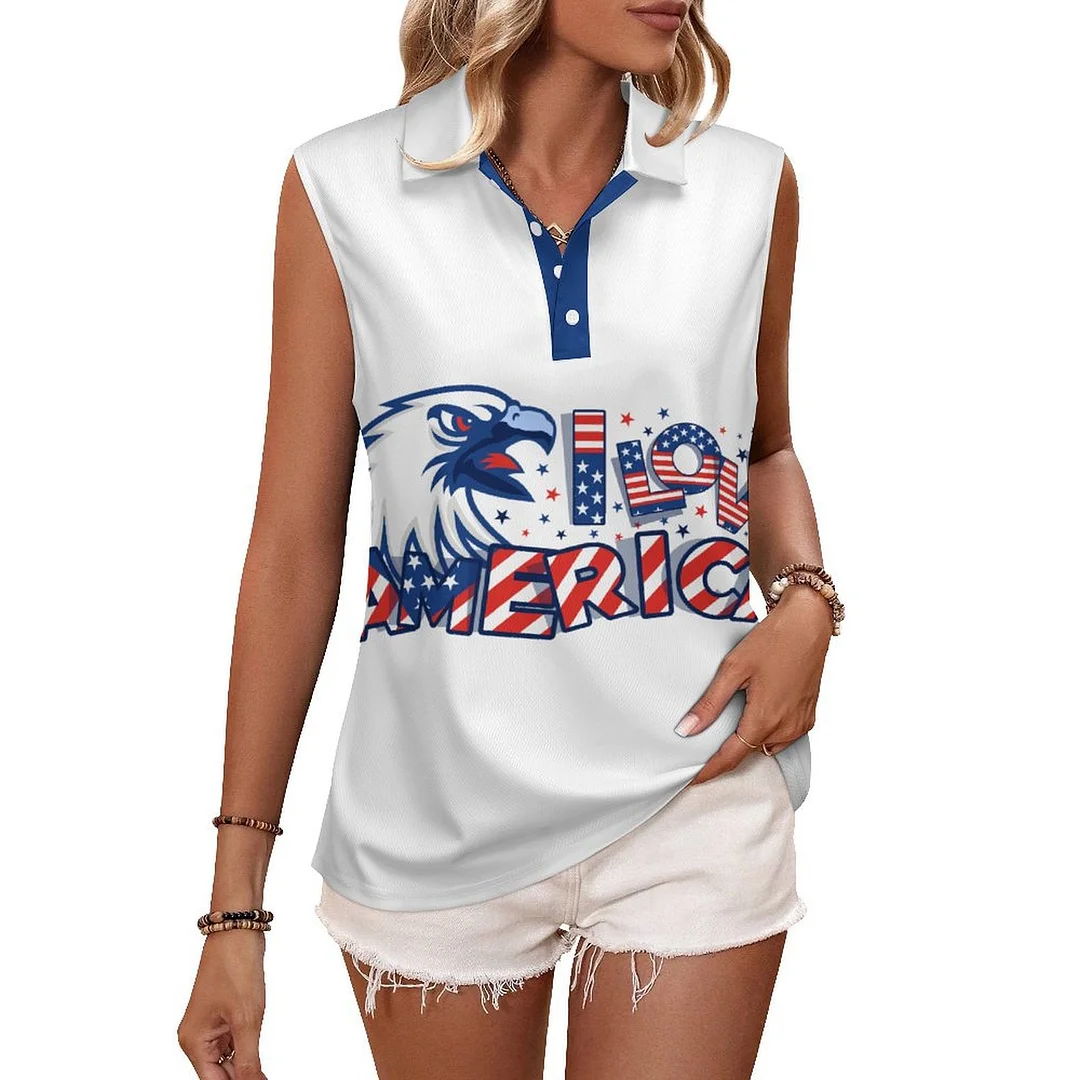 V-neck Sleeveless Casual POLO Shirt Tank Top for Women Printed with Pattern USA, Independence Day, Star, Striped, Blue, Red