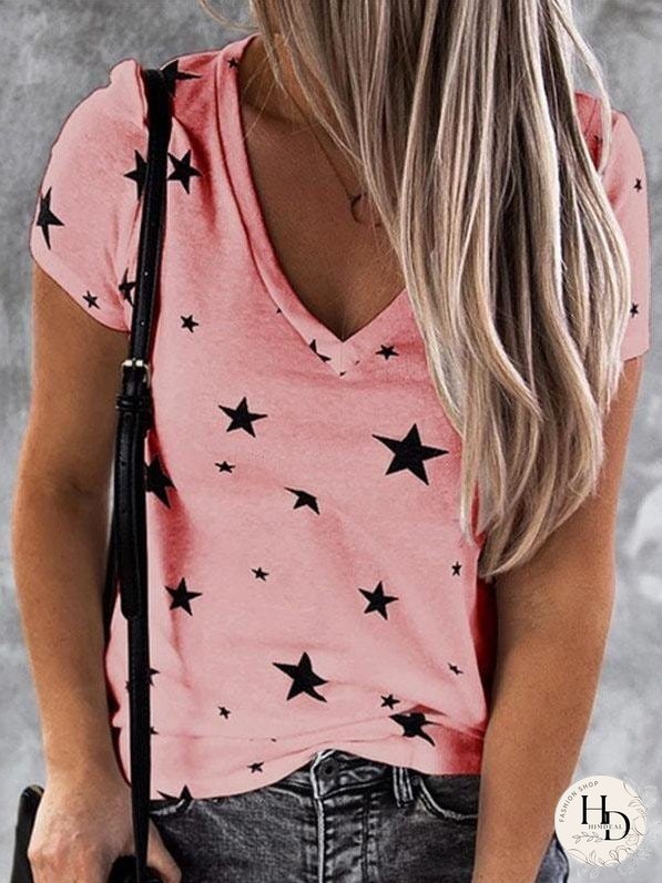 V-Neck Short Sleeve Starry T-Shirt Top