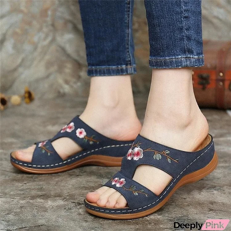 Supportive Comfort Soft Footbed Floral Embroidery Wedge Heel Slippers