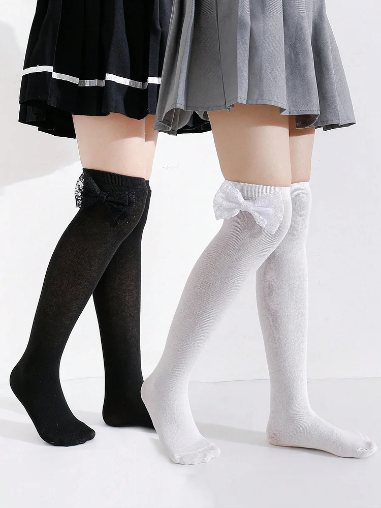  Girls Minimalist Solid Color Knee-High Socks, Student Fashion Versatile Long 