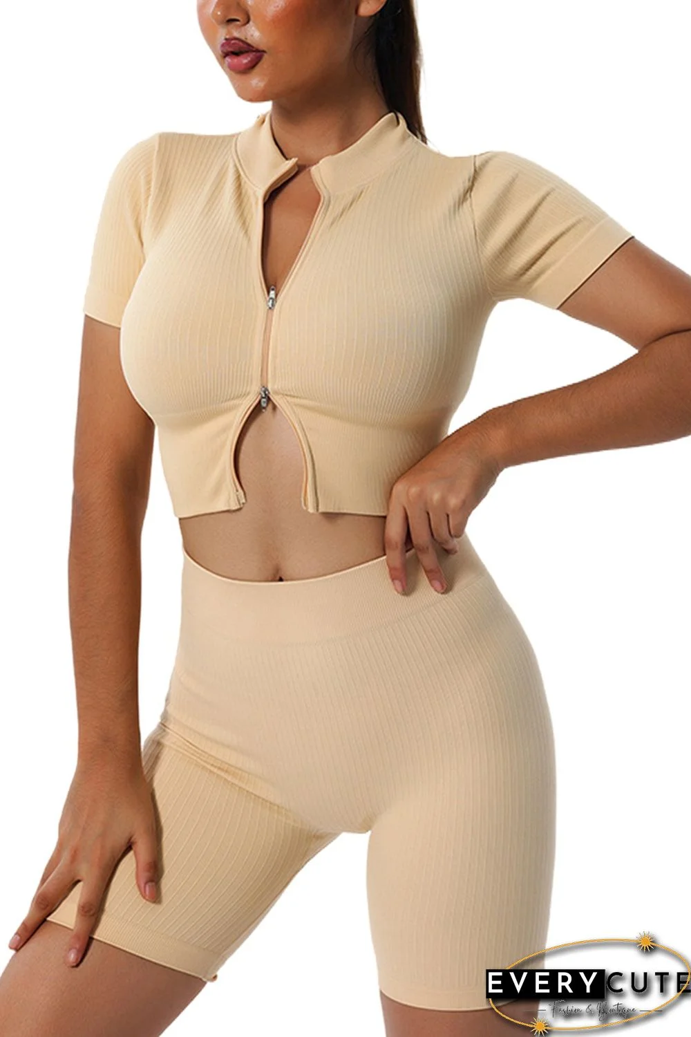 Khaki Zipped Front Short Sleeve Sports Crop Top