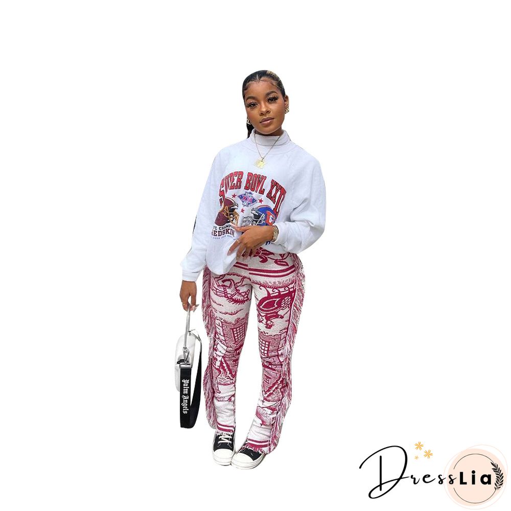 Side Tassels Patchwork Elastic Waist Women Print Jogger Pant