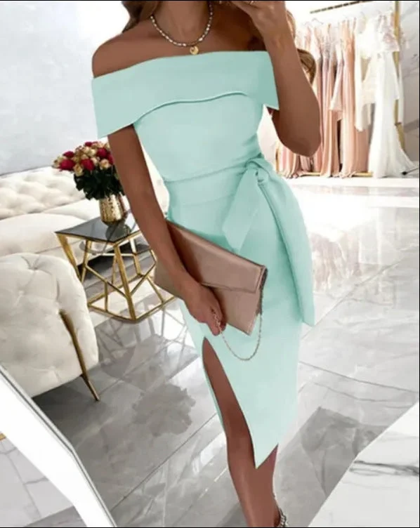 Uveng Off-neck Solid Mid Waist Color Lace-up Regular Dress