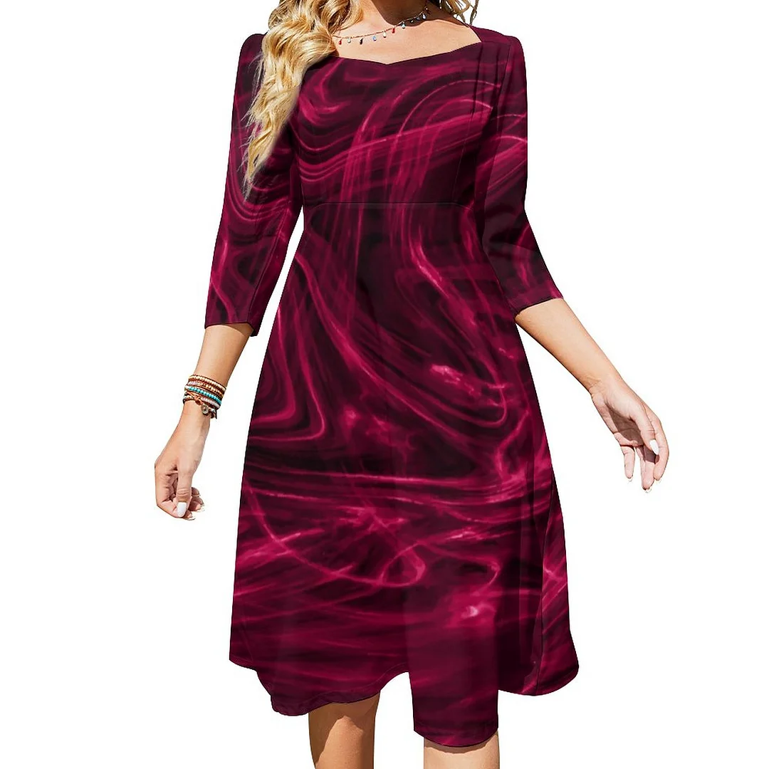 Dark Red With Red Paint Swirls Pattern Dress Sweetheart Tie Back Flared 3/4 Sleeve Midi Dresses