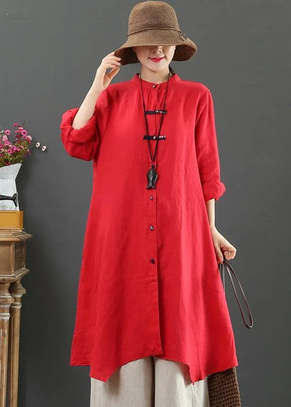 Unique Stand Collar Asymmetric  Clothes Pattern Red Blouse
