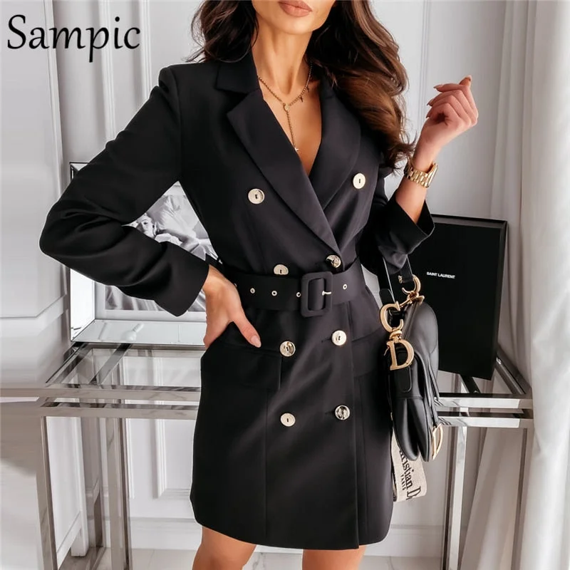 Sampic Elegant Women Notched Sexy Bodycon Blazer Mini Dress With Sashes 2020 Office Ladies Long Sleeve Party White Wrap Dress