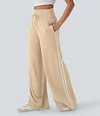 2026🔥 Halara Ribbed SoCinched High Waisted Tummy Control Drawstring Wide Leg Color Block Casual Trousers with Pockets