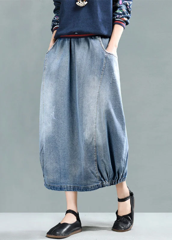 Fashion Light Blue Elastic Waist Pockets Cotton Denim Skirt Cozy