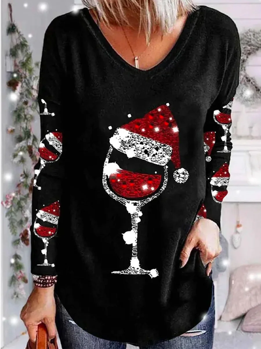 Women's Long Sleeve Scoop Neck Graphic Printed Tops