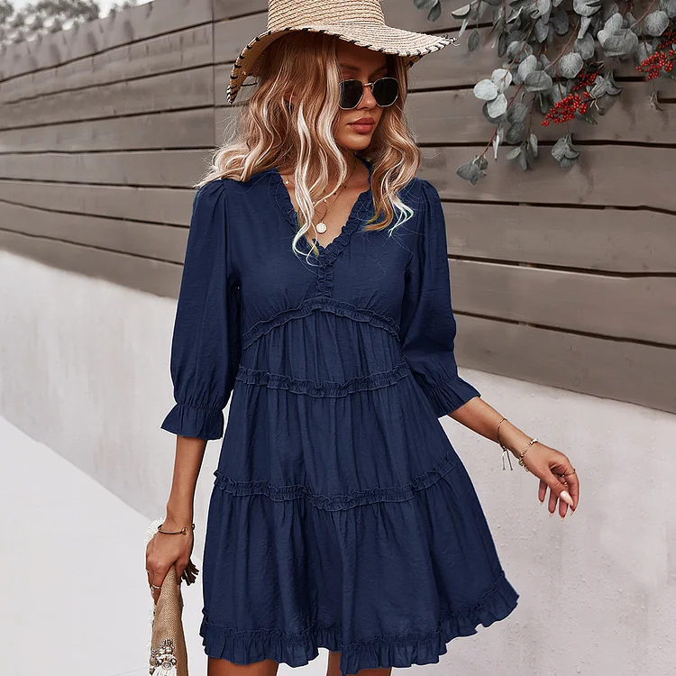 Women Long Sleeve Ruffle Layer Backless Swing Mini Dress