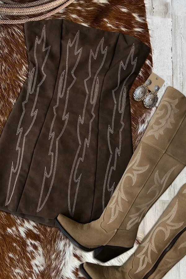 Vintage Western Boot Stitch Print Dress-Brown