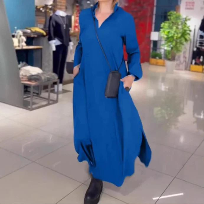 Uveng Uveng Autumn And Winter New Leisure Loose Solid Color V Collar Long-Sleeved Dress Women