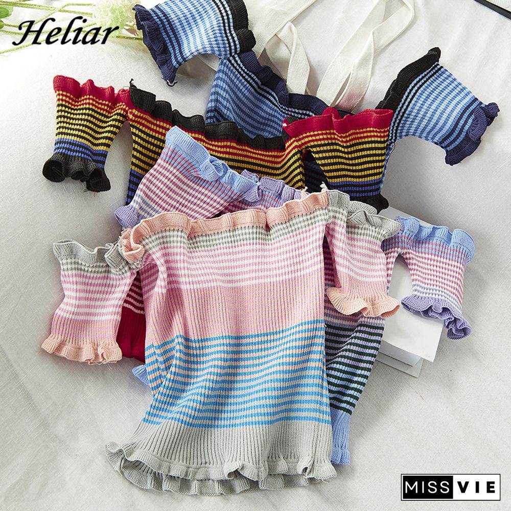 Heliar Women Rainbow Stripes Tops Female Off Shoulder Tops Women's Clothing Ruffles Hem Tees Lady Sexy Tops For Women T-Shirts