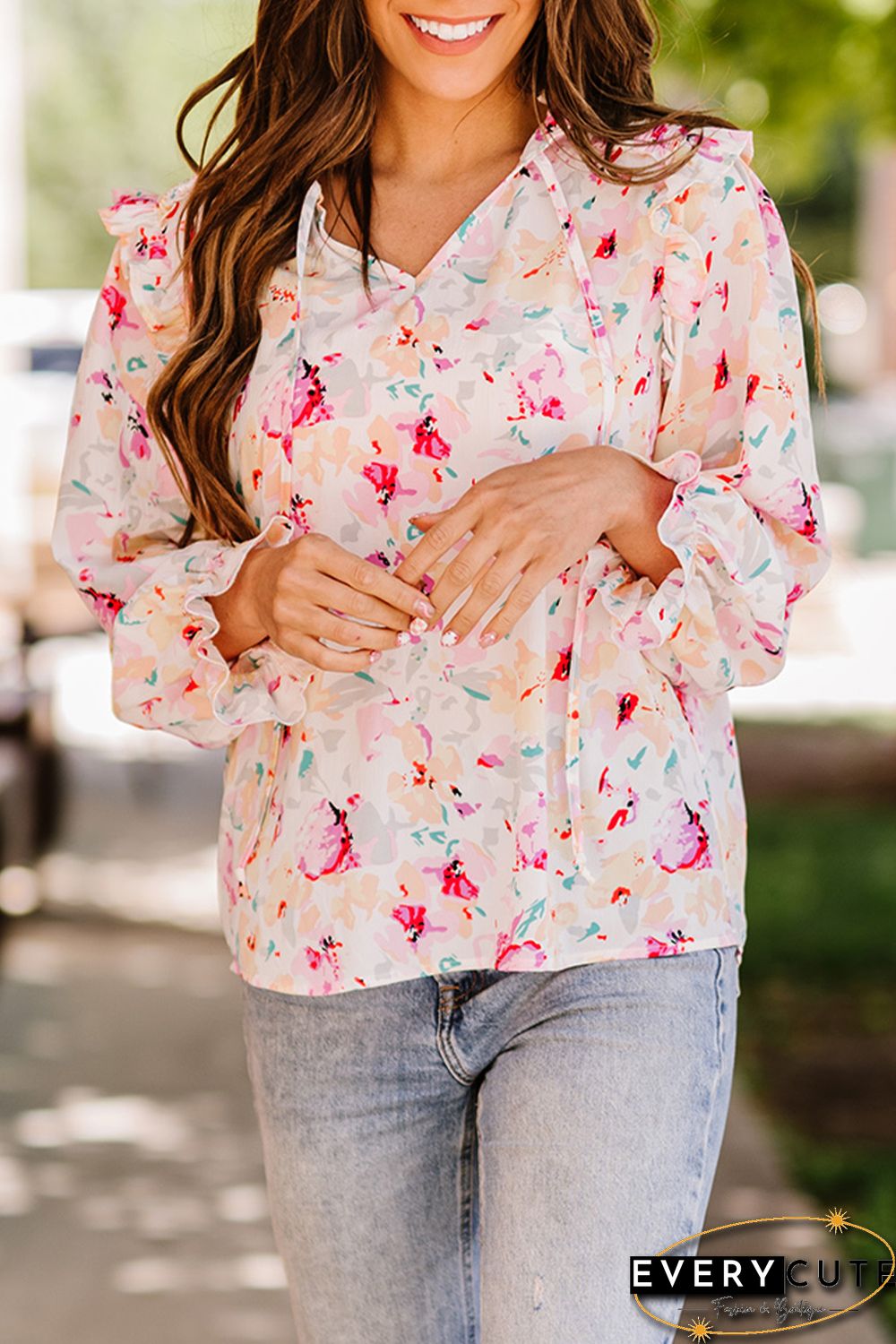 Multicolor Floral String Tie V Neck Ruffle Blouse