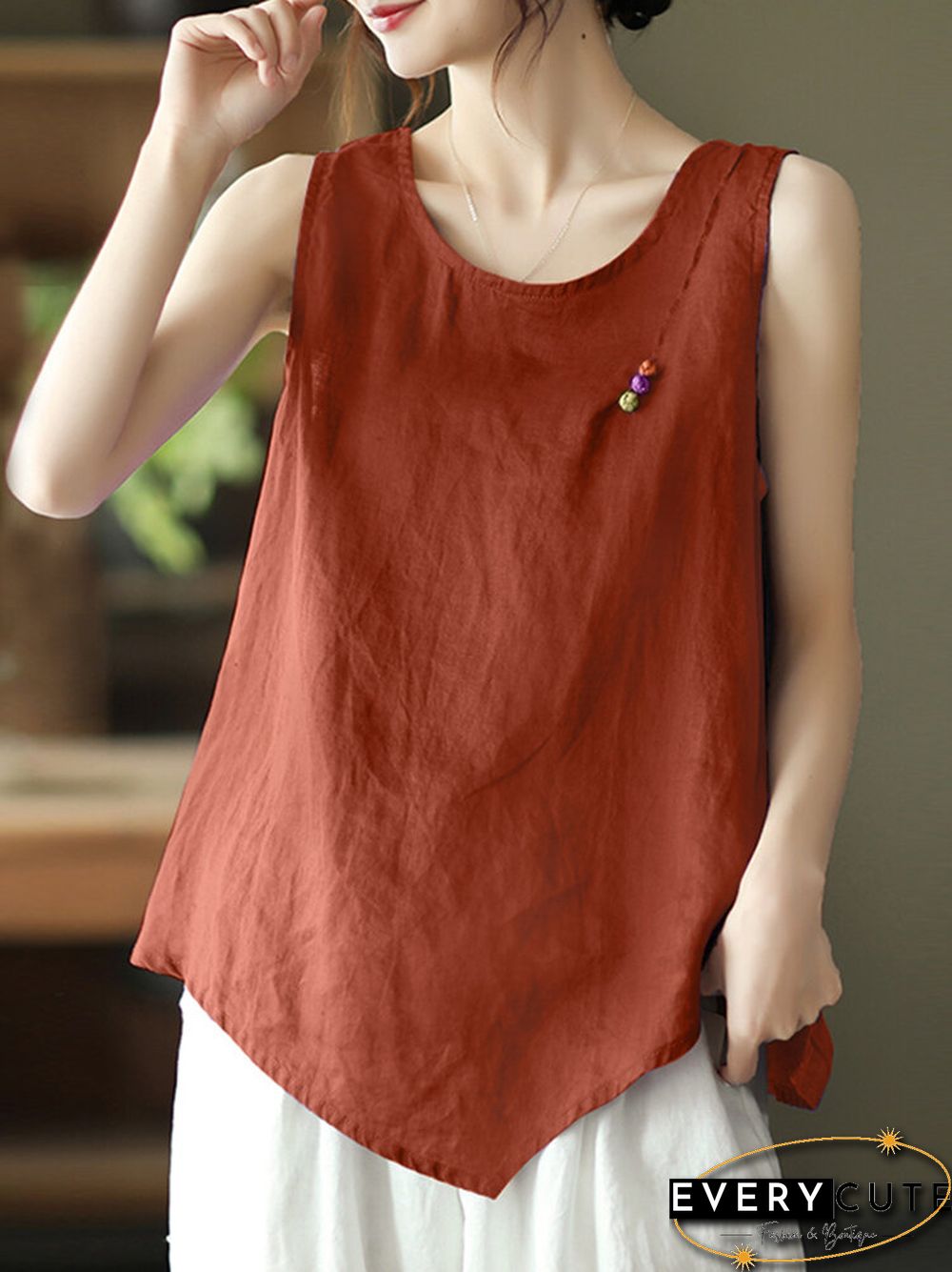 Solid Frog Sleeveless O-neck Women Vintage Tank Top