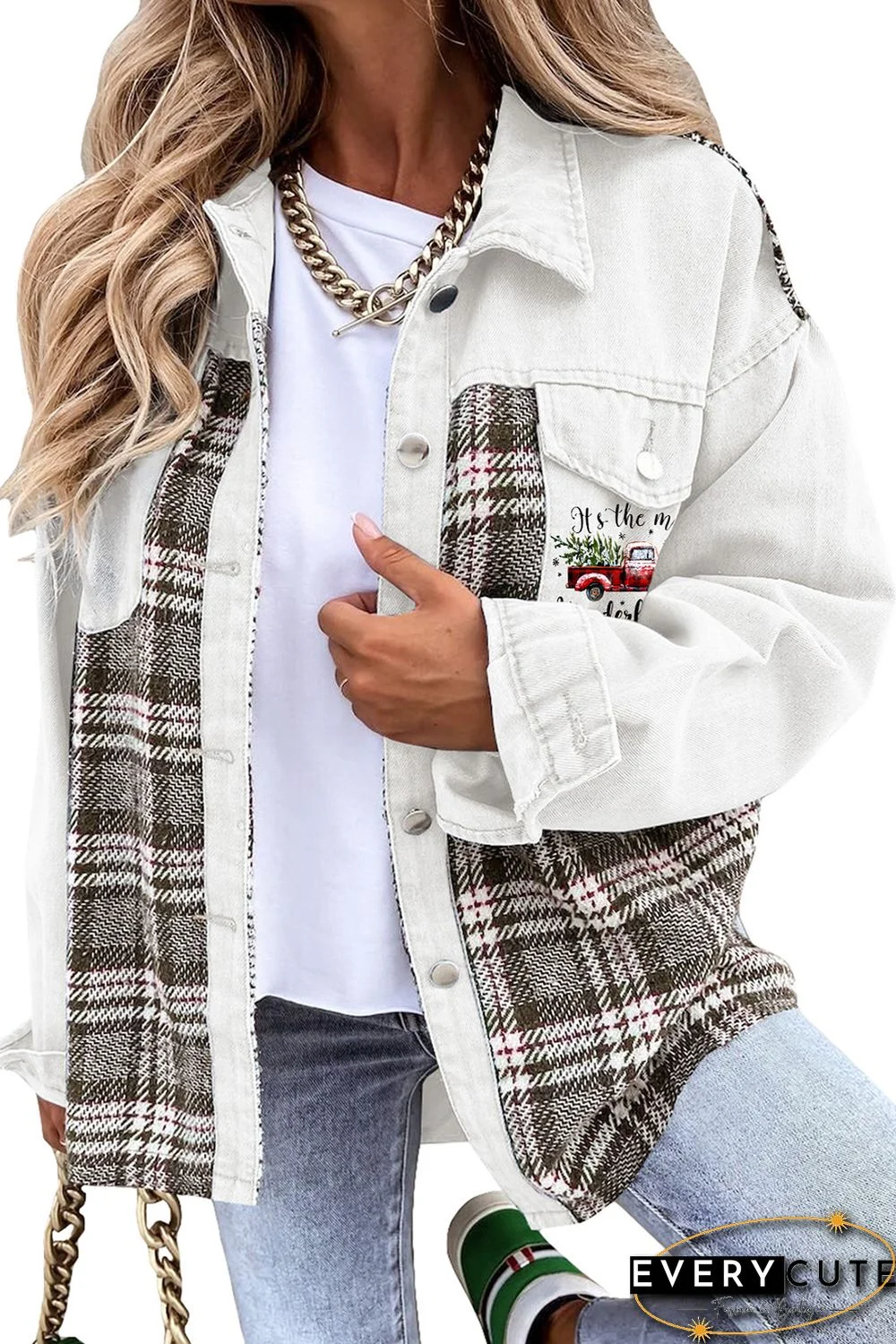 White Plaid Patchwork Graphic Print Buttoned Denim Jacket