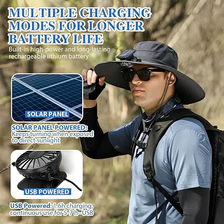 🔥Father's Day Sale - Wide Brim Solar Fan Outdoor Fishing Hat-Solar & USB Charging