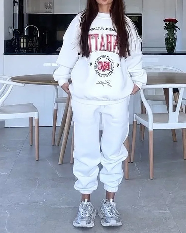 Solid Color Printed Casual Sports Sweatshirt & Sweatpants Two-piece Set