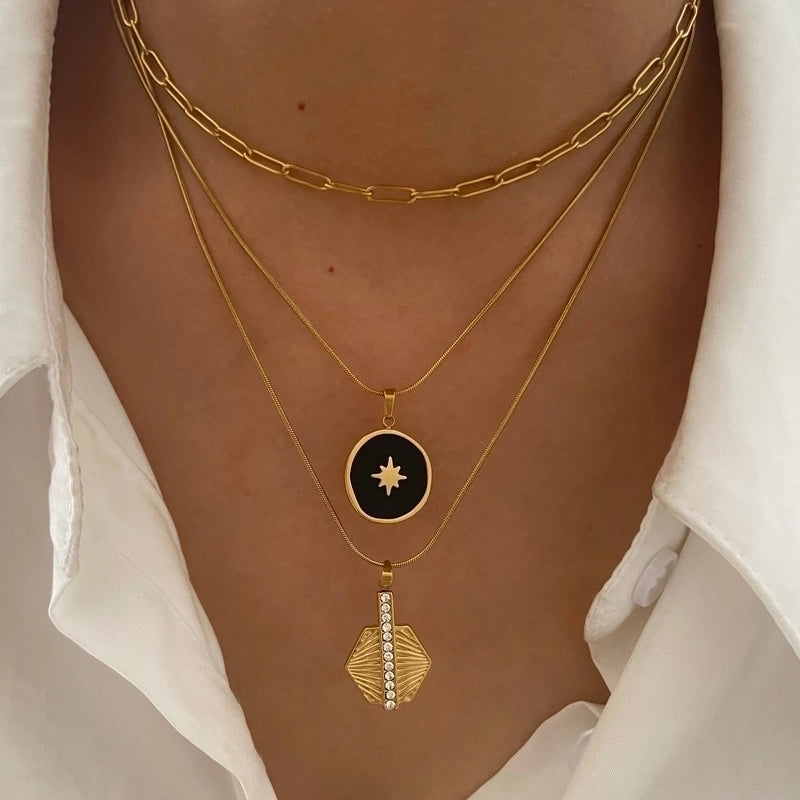 Nordic Style Retro Eight Awn Star Geometric 316L Stainless Steel  Rhinestones 18K Gold Plated Irregular Enamel Inlay Pendant Necklace