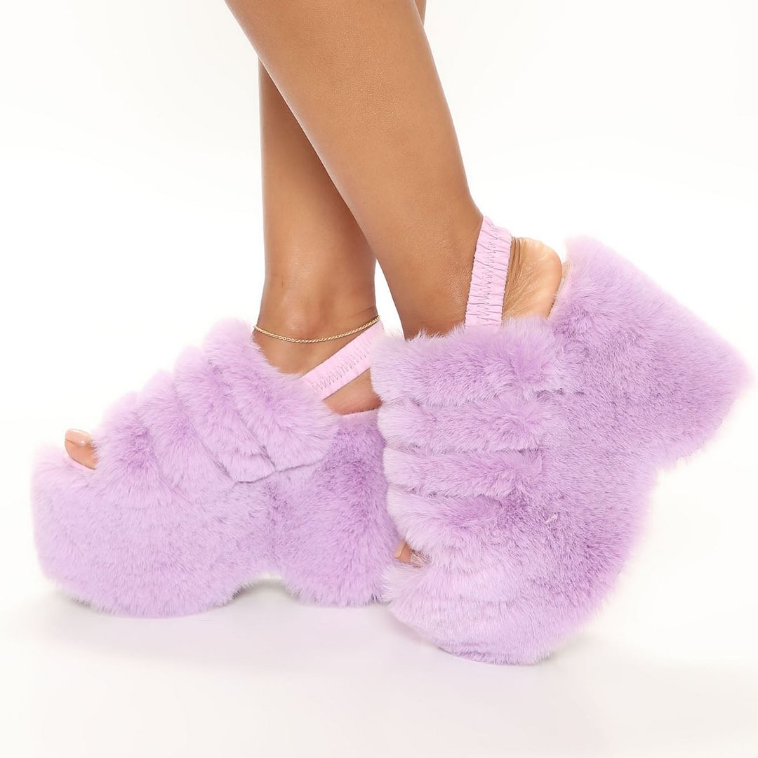 Pink Furry Sandals With Flatform Slingback Winter Sandals Nicepairs