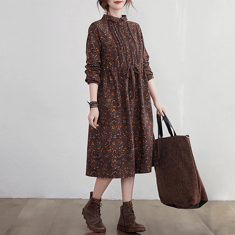 Women Cotton Linen Long Dress New 2021 Autumn Vintage Style Print Turn-down Collar Loose Ladies A-line Casual Dresses