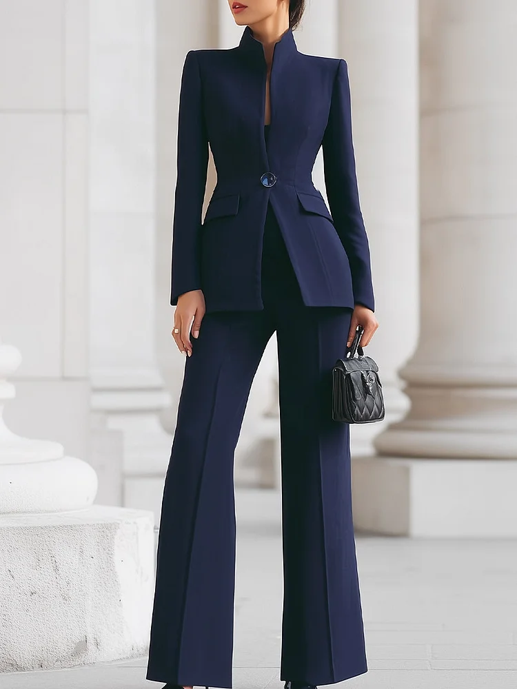 Sophisticated Navy High-Collar Blazer & Wide-Leg Trousers Set