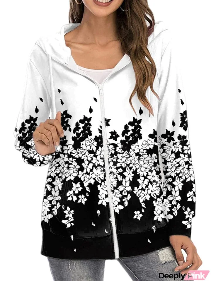 Casual Printed Zipper Long Sleeve Hoodies