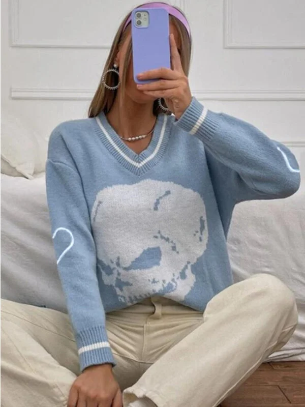 Women's V-Neck Long Sleeve Graphic Top Knit Sweater