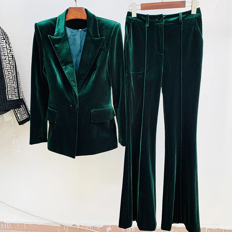 Nigikala Nigikala And Winter 2025 New Women's Professional Fashion A Buckle Gold Velvet Suit Jacket + Horn Pants Set Two Sets