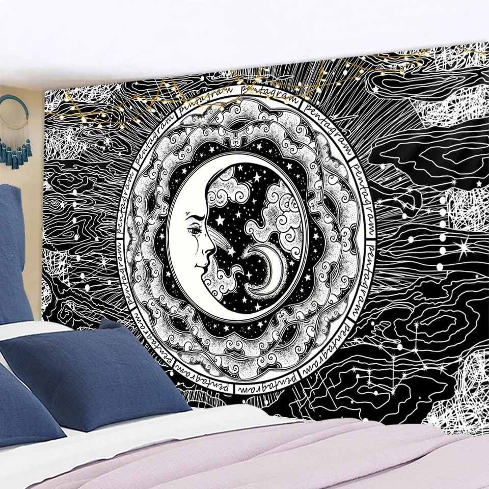 Tarot Card Mandala Tapestry White Black Sun And Moon Tapestry Wall Hanging Hippie Wall Rugs Dorm Decor Blanket