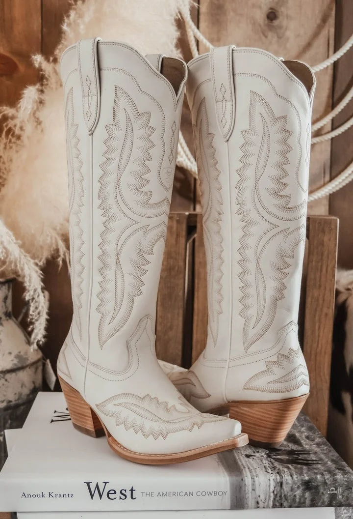 Cowgirl Western Embroidered White High Boots